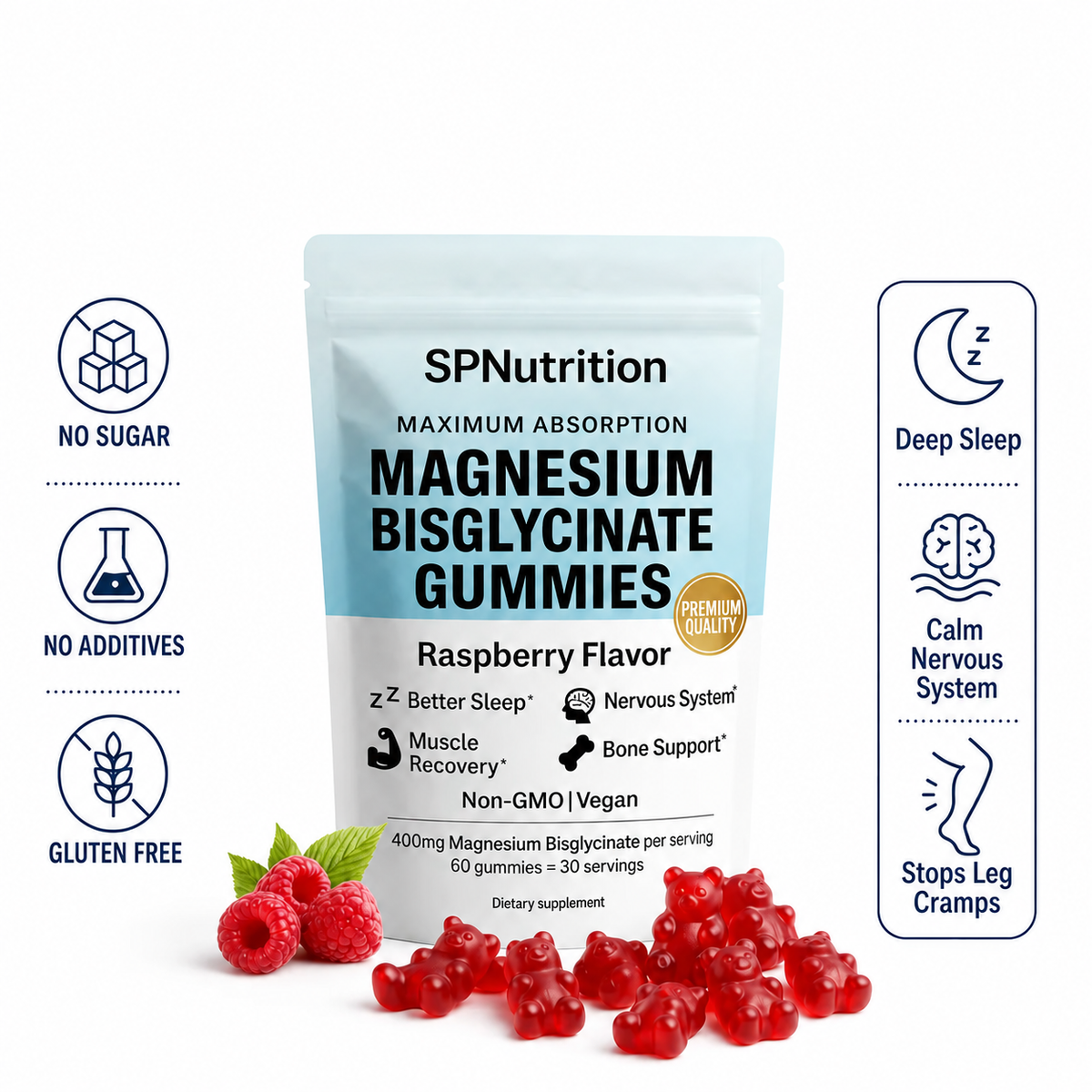 SP Nutrition Magnesium Bisglycinate Gummies pouch with fresh raspberries