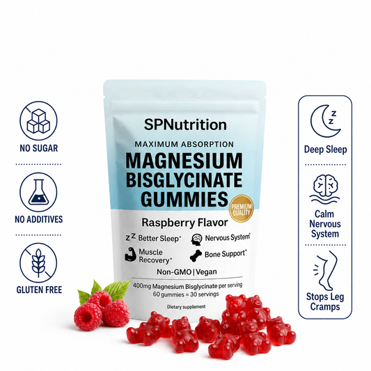 SP Nutrition Magnesium Bisglycinate Gummies pouch with fresh raspberries